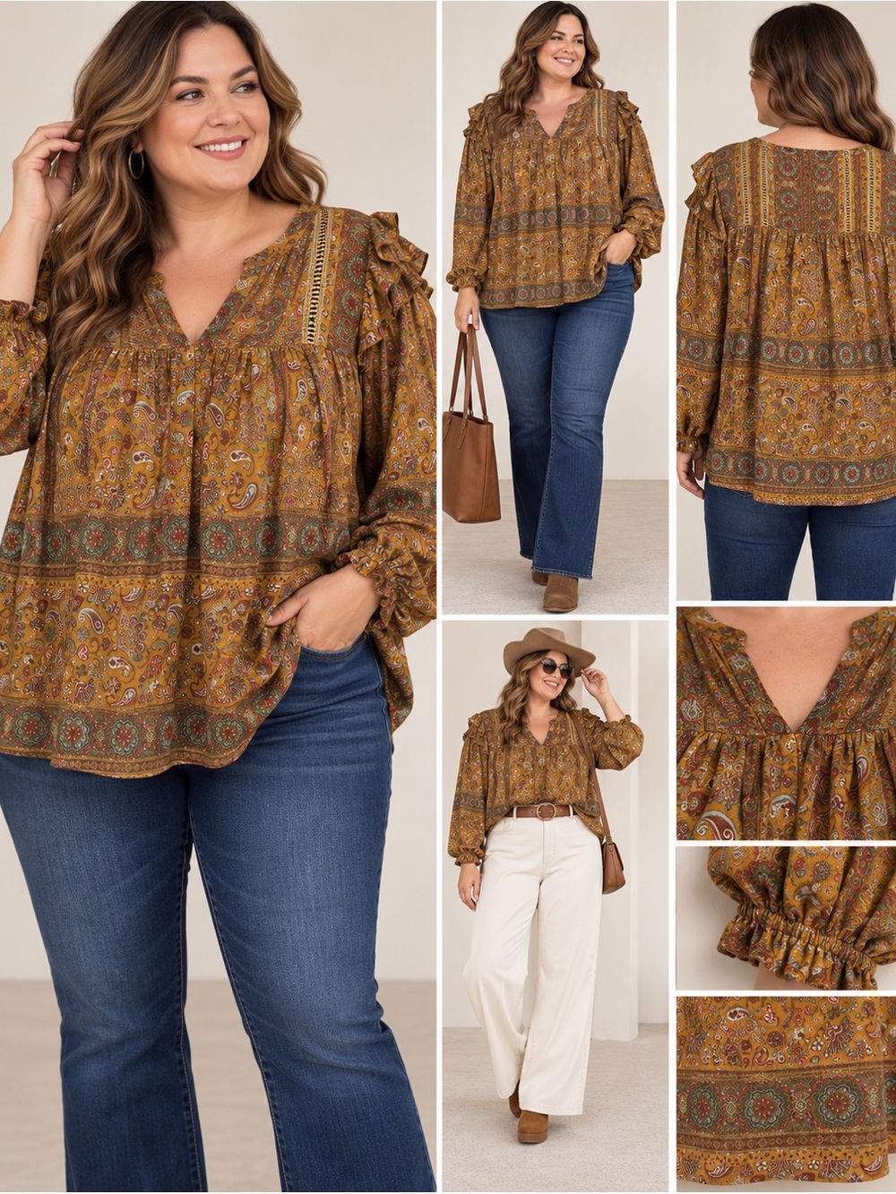 Size 4X Boho Paisley V-Neck Peasant Top - Mustard